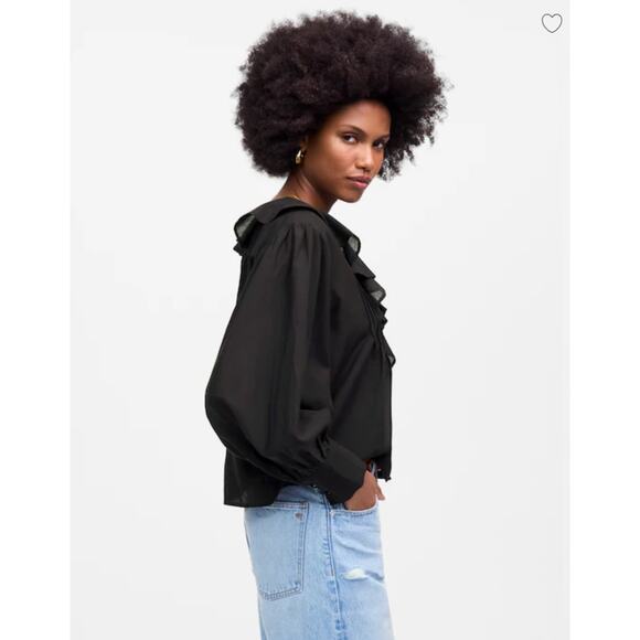 NWT Madewell Ruffled Pintucked Long-Sleeve Top Black Small - Picture 3 of 6